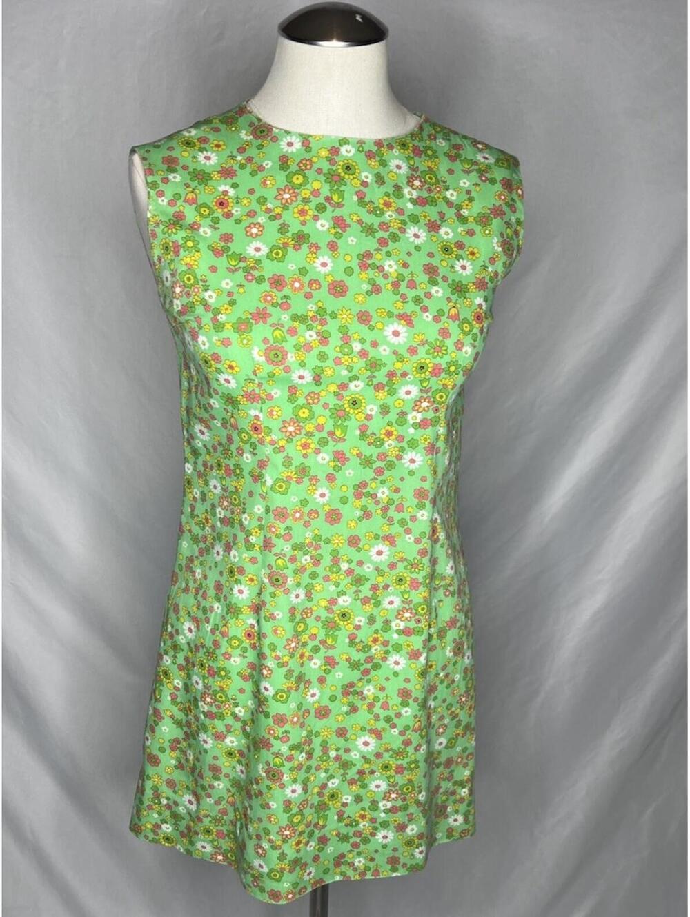 Handmade Vintage 70’s Women’s Green Floral Sleeveless Short Dress Metal Zipper